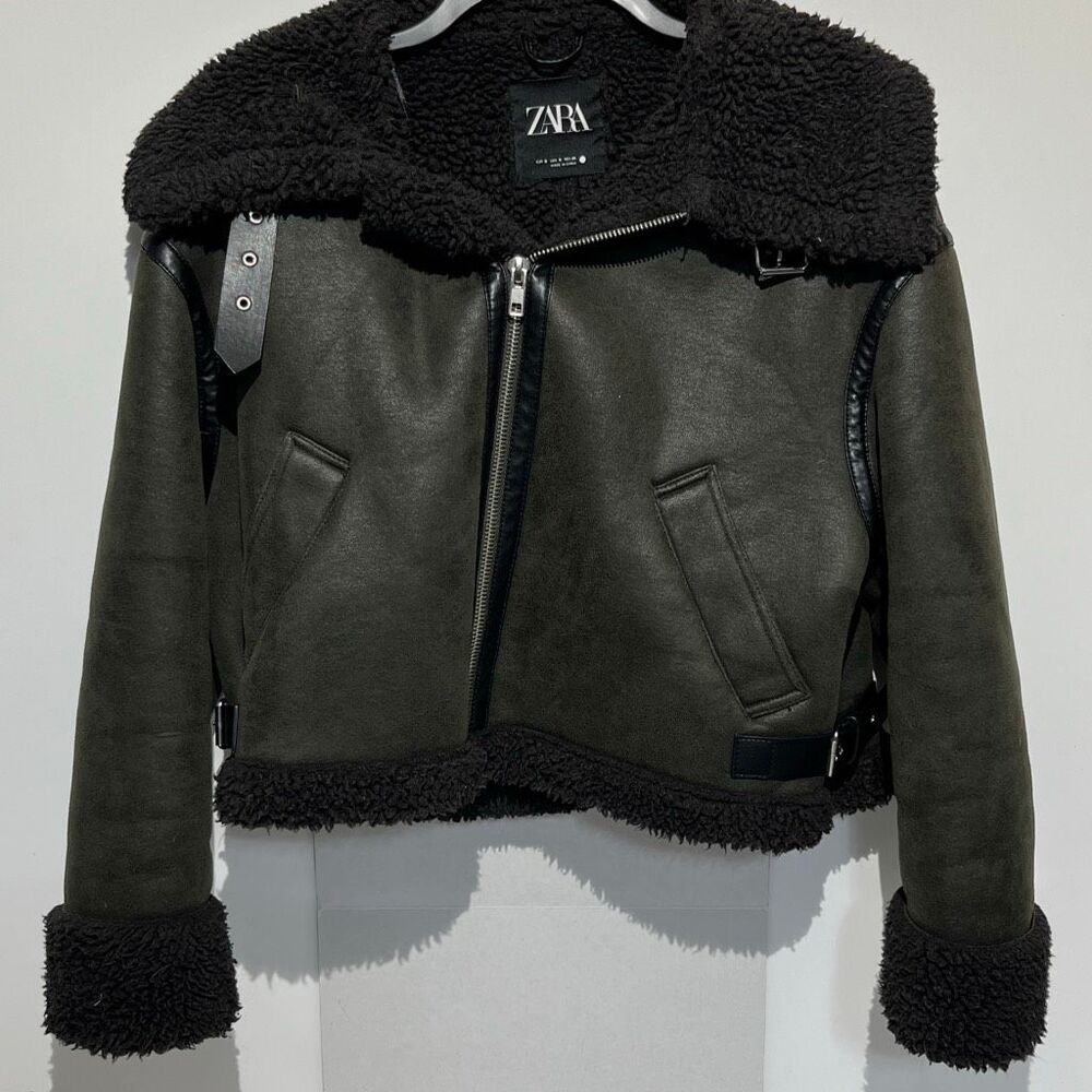 Zara‎ Womens Olive Green Faux Shearling Aviator Biker Jacket Cropped Size S